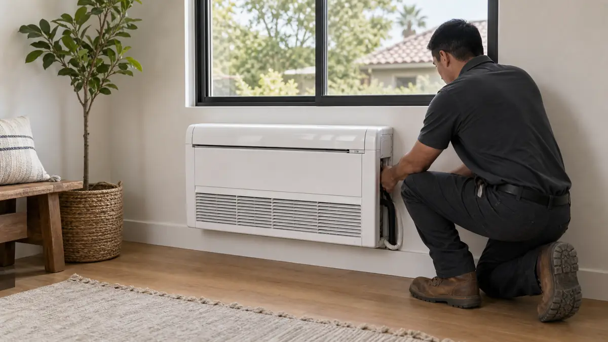 Mitsubishi MFZ-KJ floor-mount console under a window in a Santa Clarita home