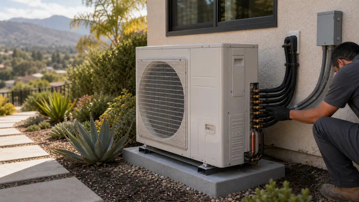 Mitsubishi Hyper-Heat H2i condenser outside a Santa Clarita home