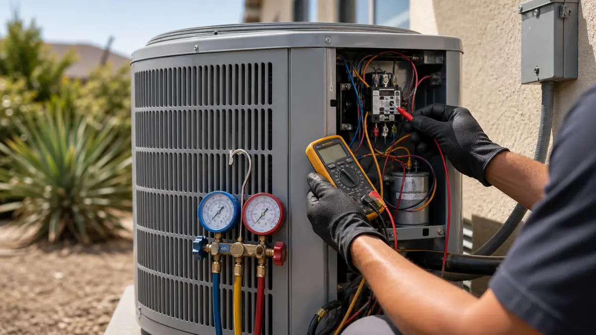 Technician checking a Mitsubishi condenser that is not cooling in Santa Clarita