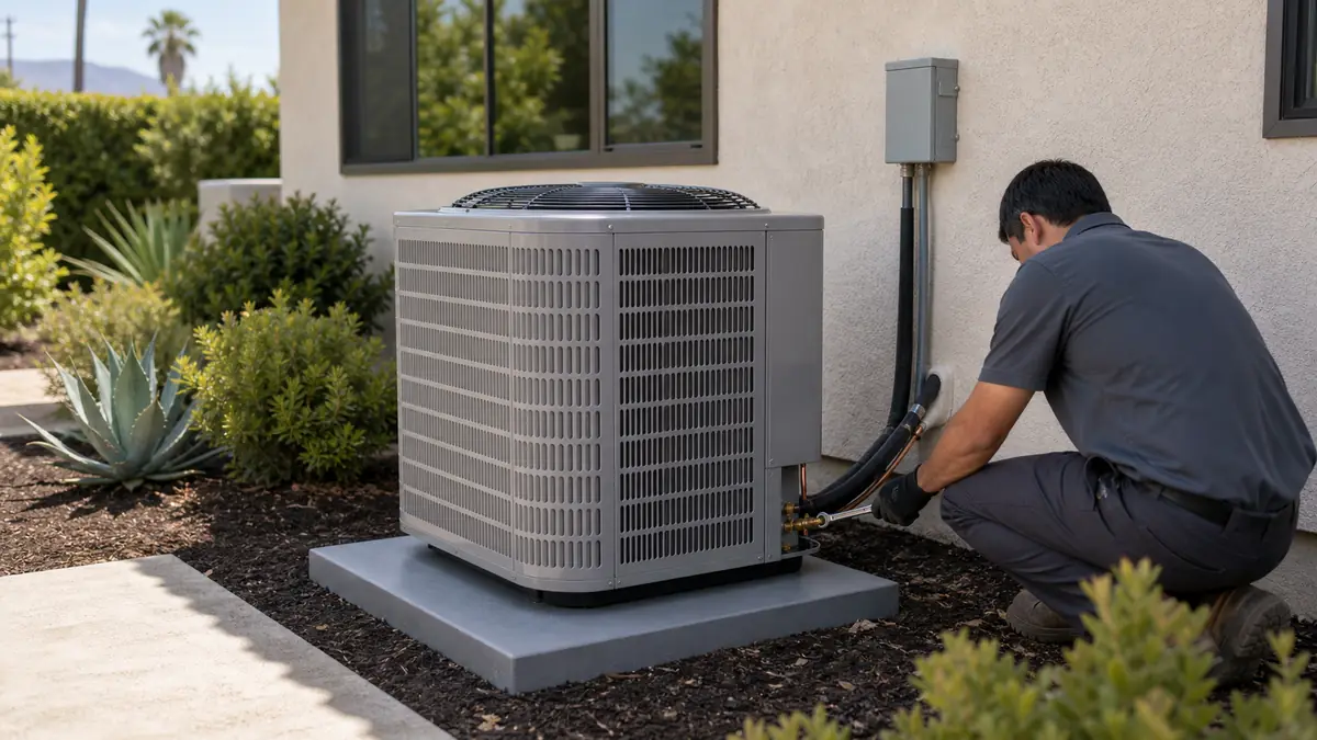 Newly installed Mitsubishi inverter condenser at a two-story Santa Clarita home